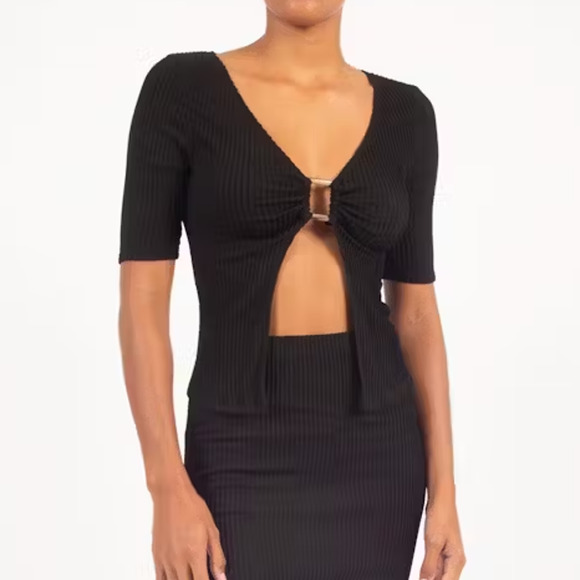 NWT Anemos The Ribbed Short Sleeve V-Neck Tortoise Top Black Women's Size XS - Picture 1 of 7